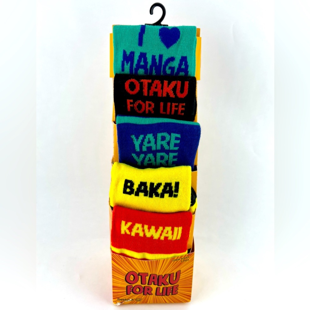 NEW* 5pk Anime Manga Kawaii Baka Otaku Yare Japan Crew Socks Size 9-11 Geeknet
